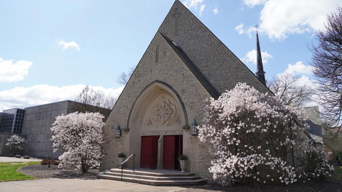 Neu Chapel front doors on sunny day